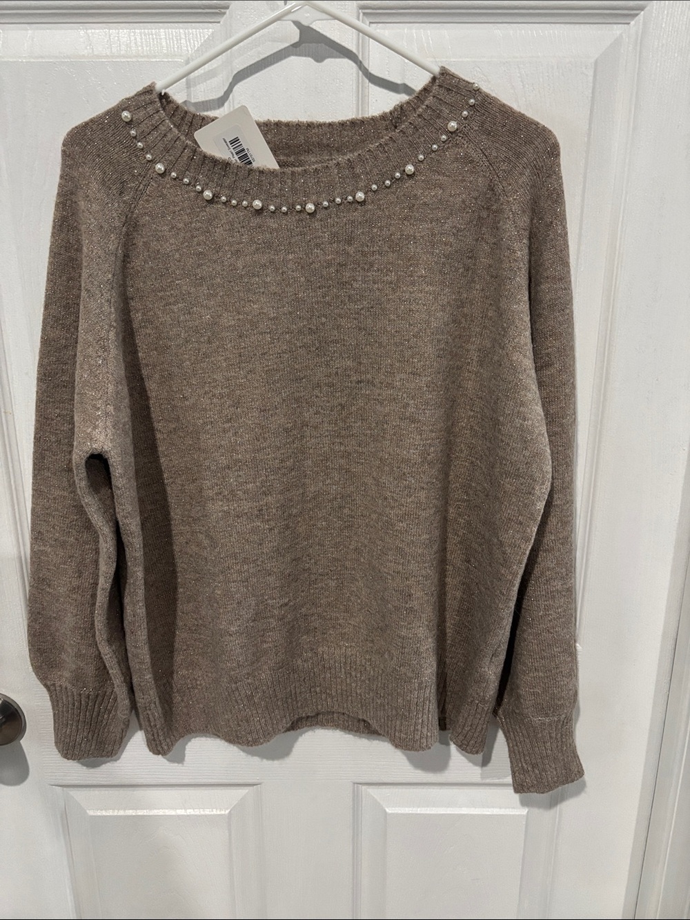 Staccato Taupe Crewneck Sweater with Pearl Trim
